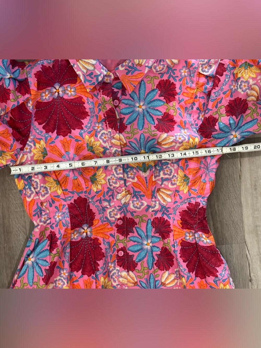 Floral Puff-Sleeve Button-Front Mini Dress in Pink - 100% Cotton - Picture 5 of 11